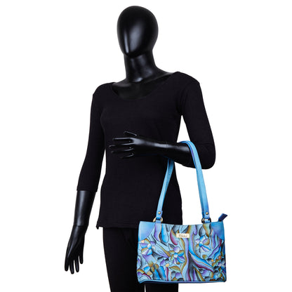 Handpainted Abstract Art Blue Leather Shoulder Bag
