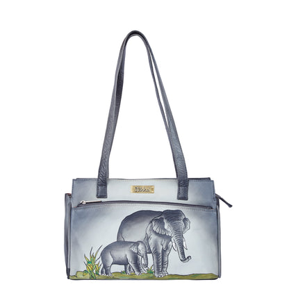 Women's Classic Black Leather Shoulder Bag with Hand-Painted Elephant