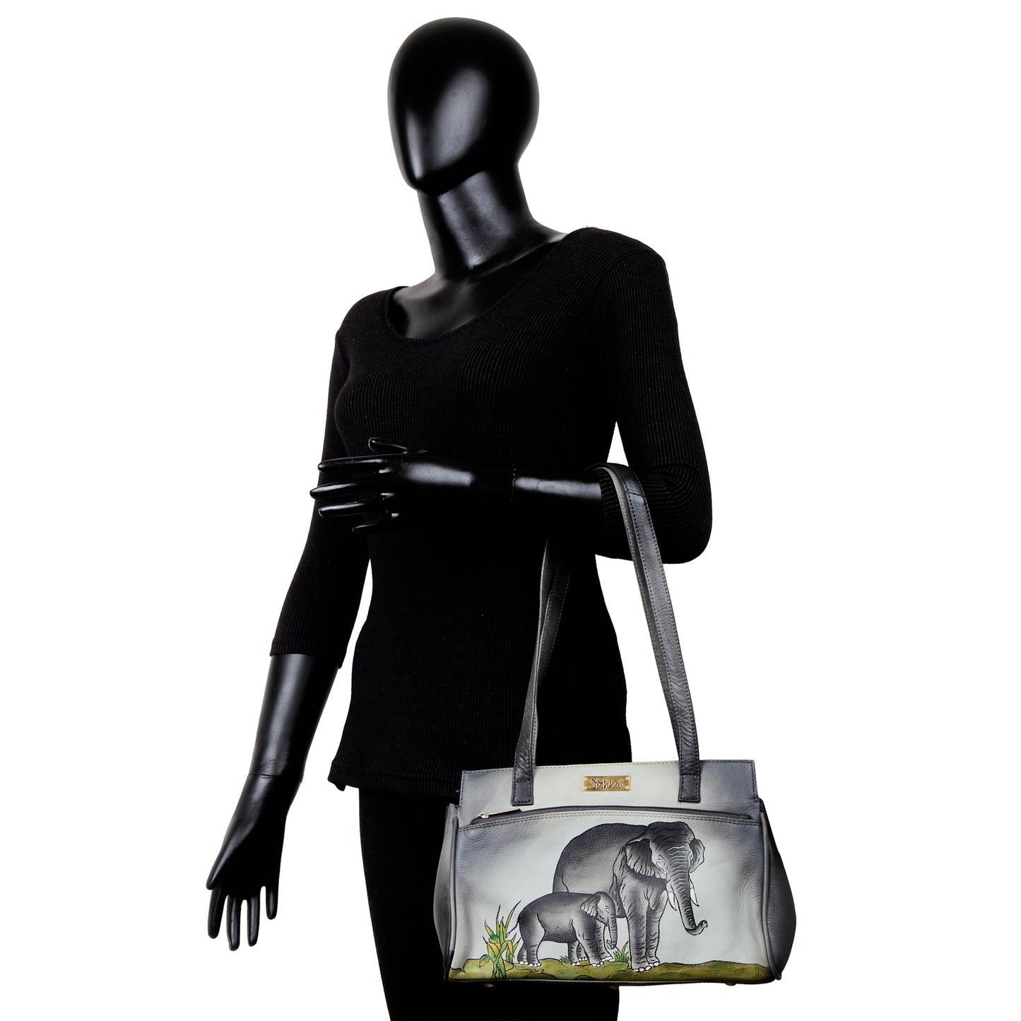 Women's Classic Black Leather Shoulder Bag with Hand-Painted Elephant