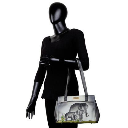 Women's Classic Black Leather Shoulder Bag with Hand-Painted Elephant