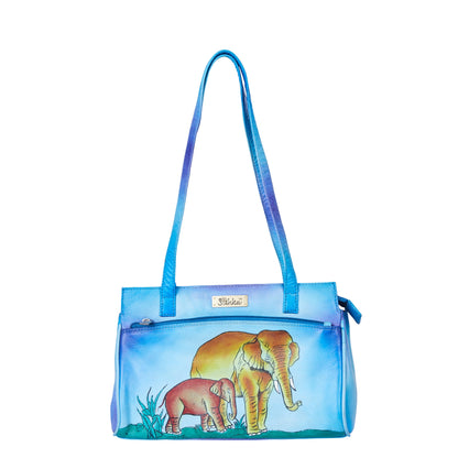 Blue Leather Shoulder Bag for Women with Hand-Painted Elephant Design