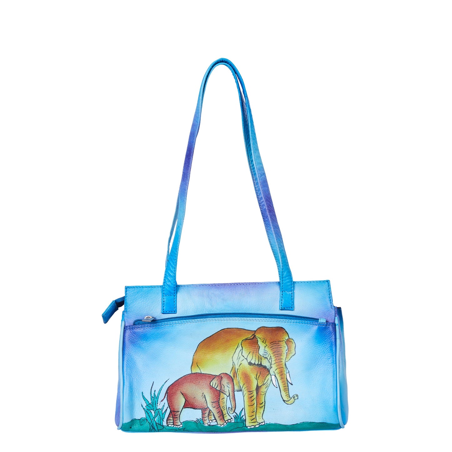 Blue Leather Shoulder Bag for Women with Hand-Painted Elephant Design