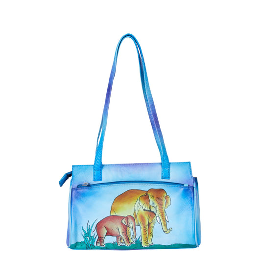 Blue Leather Shoulder Bag for Women with Hand-Painted Elephant Design