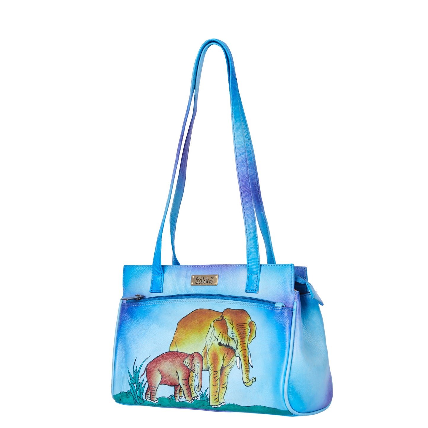 Blue Leather Shoulder Bag for Women with Hand-Painted Elephant Design