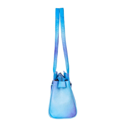 Blue Leather Shoulder Bag for Women with Hand-Painted Elephant Design