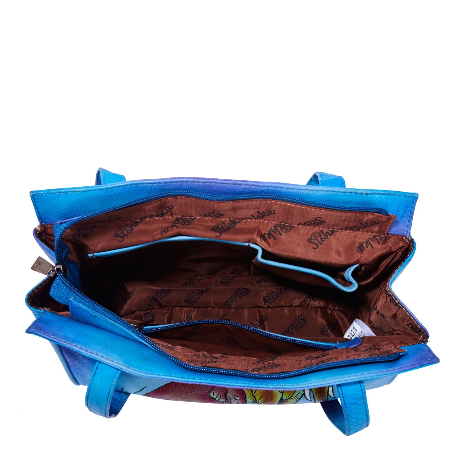 Blue Leather Shoulder Bag for Women with Hand-Painted Elephant Design