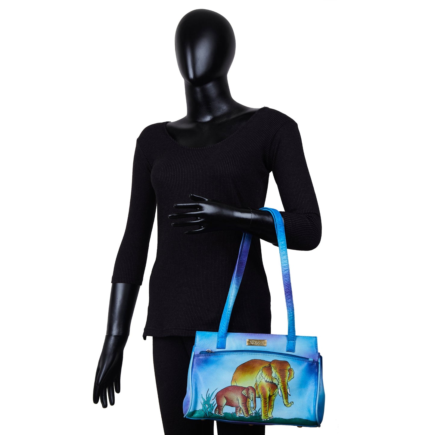 Blue Leather Shoulder Bag for Women with Hand-Painted Elephant Design