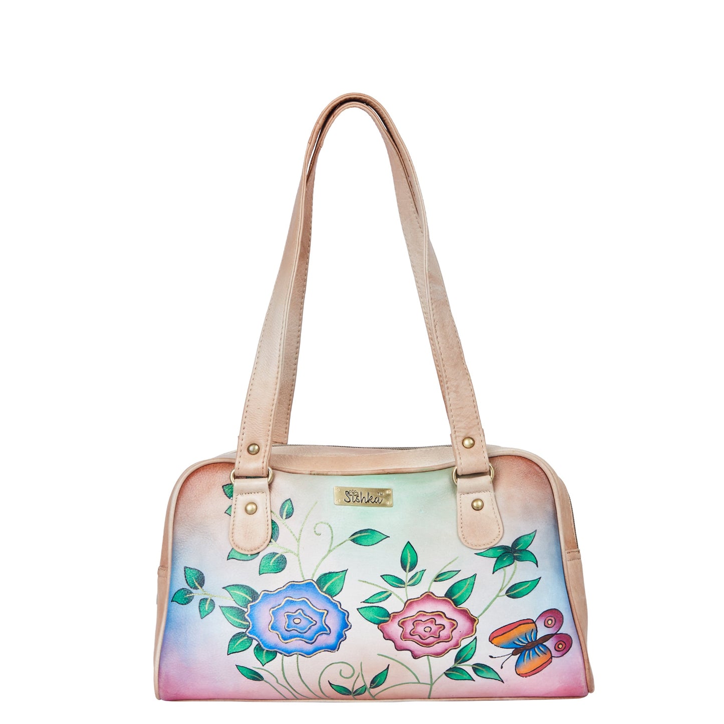 Beige Leather Shoulder Bag with Elegant Hand-Painted Artwork