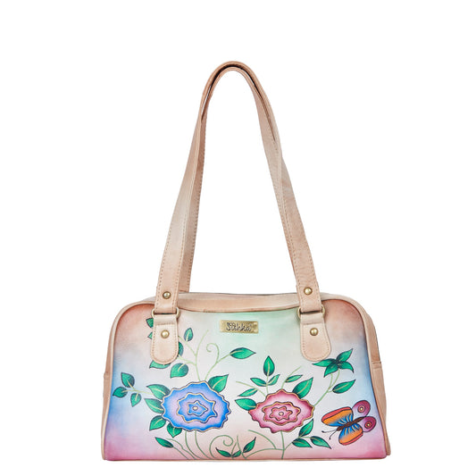 Beige Leather Shoulder Bag with Elegant Hand-Painted Artwork