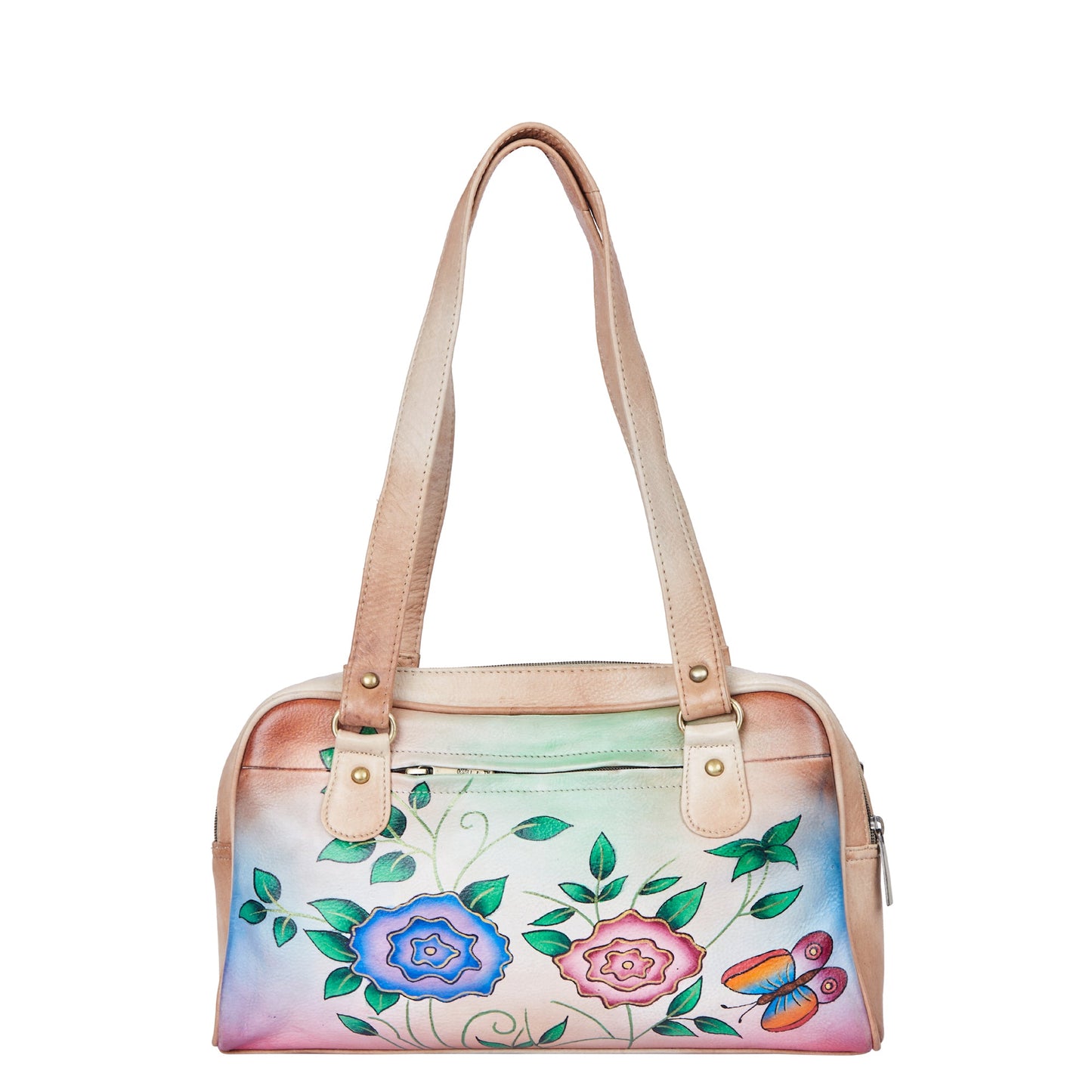 Beige Leather Shoulder Bag with Elegant Hand-Painted Artwork