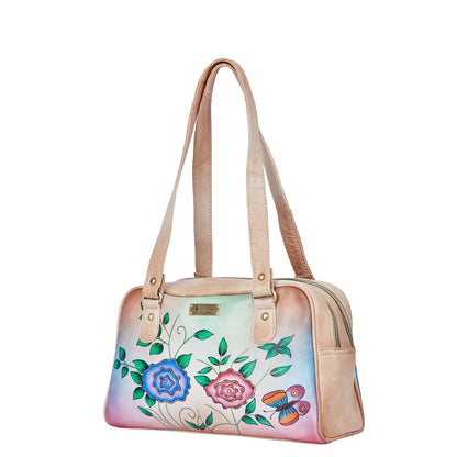 Beige Leather Shoulder Bag with Elegant Hand-Painted Artwork