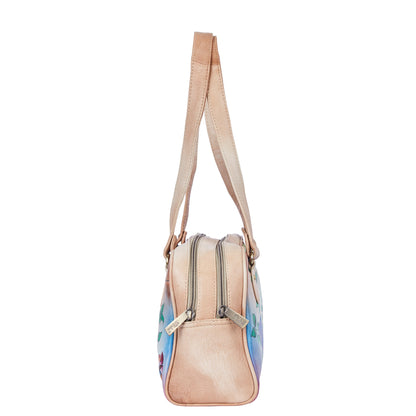 Beige Leather Shoulder Bag with Elegant Hand-Painted Artwork