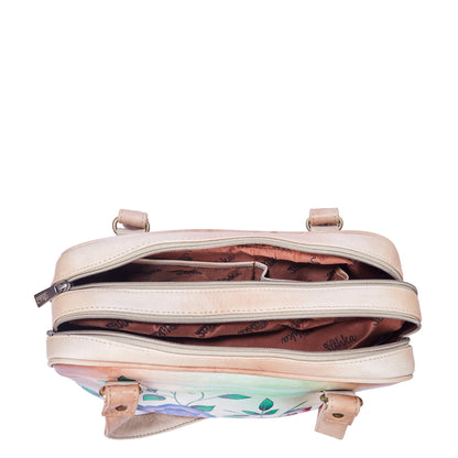 Beige Leather Shoulder Bag with Elegant Hand-Painted Artwork