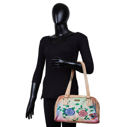 Beige Leather Shoulder Bag with Elegant Hand-Painted Artwork