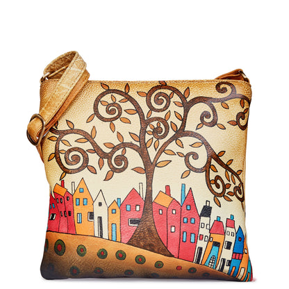 House Brown Crossbody Bag with Dual Compartments - Hand-Painted