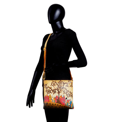 House Brown Crossbody Bag with Dual Compartments - Hand-Painted