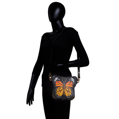 Hand Painted Orange Butterfly-Shaped Crossbody Bag