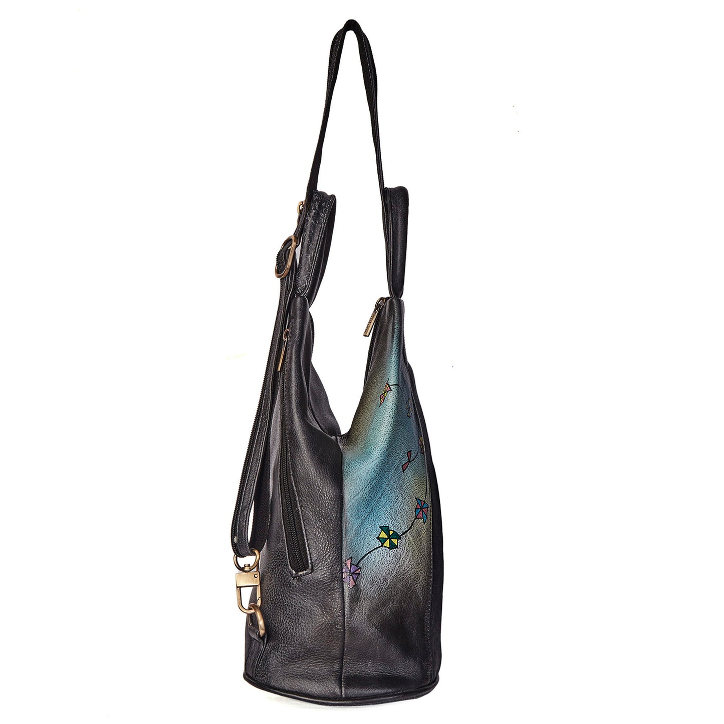 Hand-Painted Black Triangle Backpack with Convertible Straps