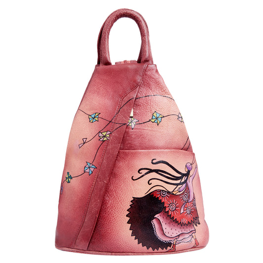 Convertible Red Triangle Backpack with Hand-Painted Design