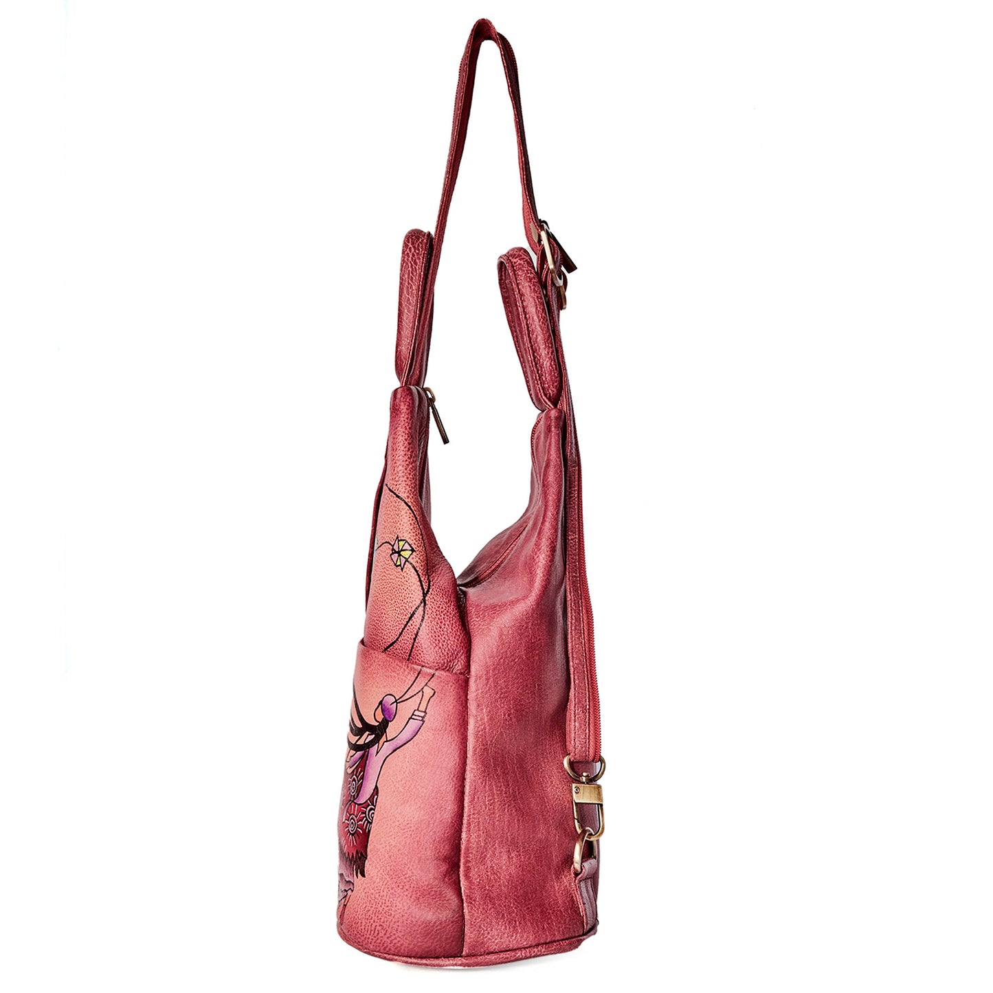 Convertible Red Triangle Backpack with Hand-Painted Design