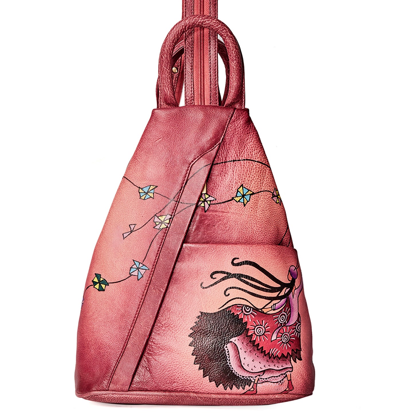 Convertible Red Triangle Backpack with Hand-Painted Design