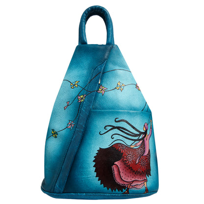 Hand-Painted Turquoise Triangle Backpack with Adjustable Straps