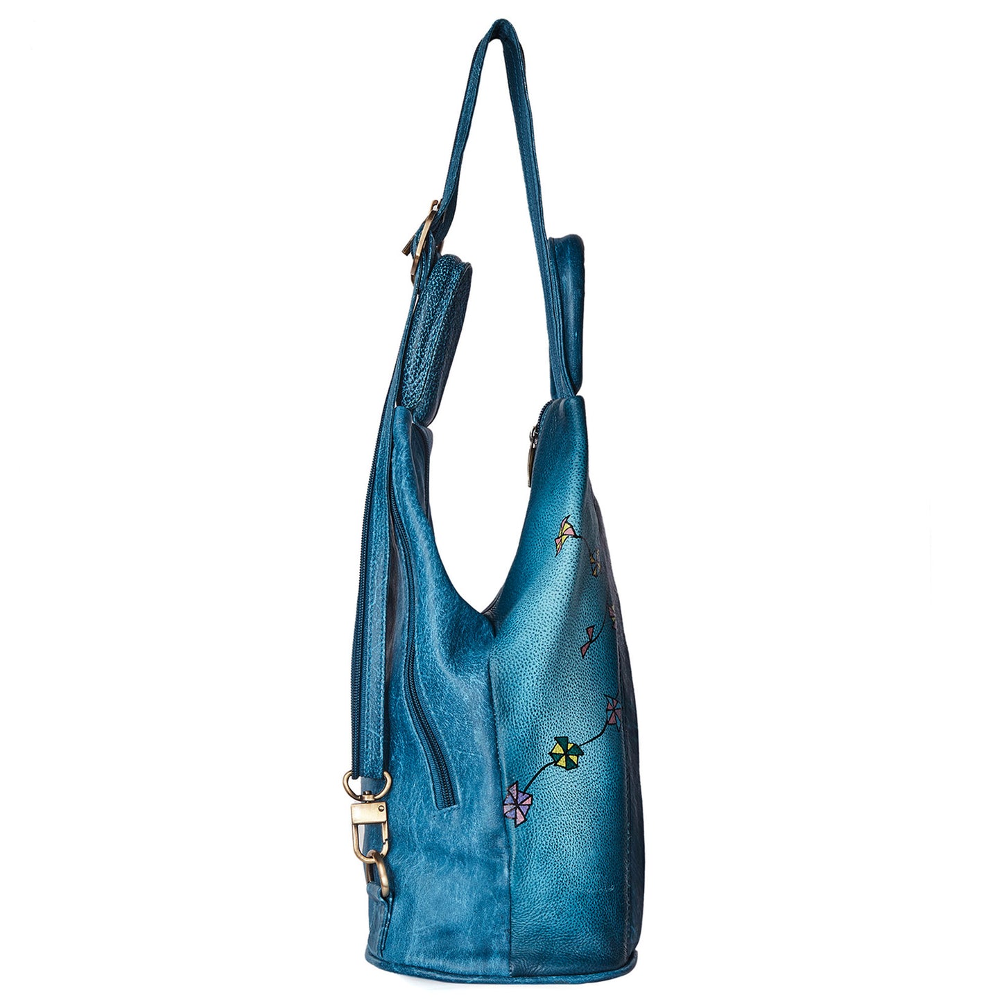 Hand-Painted Turquoise Triangle Backpack with Adjustable Straps