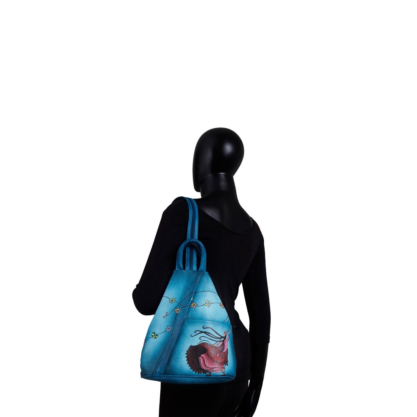 Hand-Painted Turquoise Triangle Backpack with Adjustable Straps