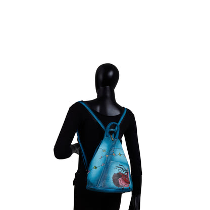Hand-Painted Turquoise Triangle Backpack with Adjustable Straps