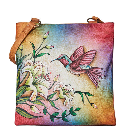 Hand-Painted Leather Shoulder Bag - Hummingbird Artwork
