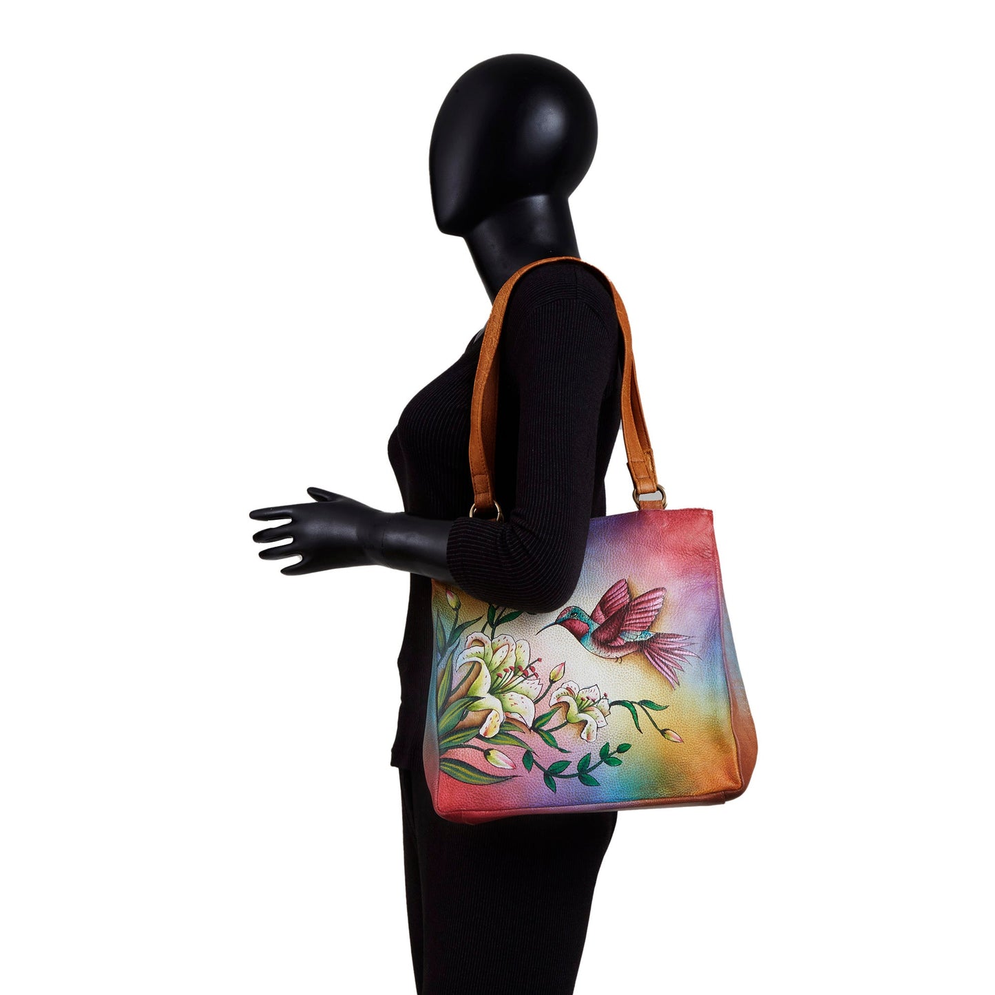 Hand-Painted Leather Shoulder Bag - Hummingbird Artwork
