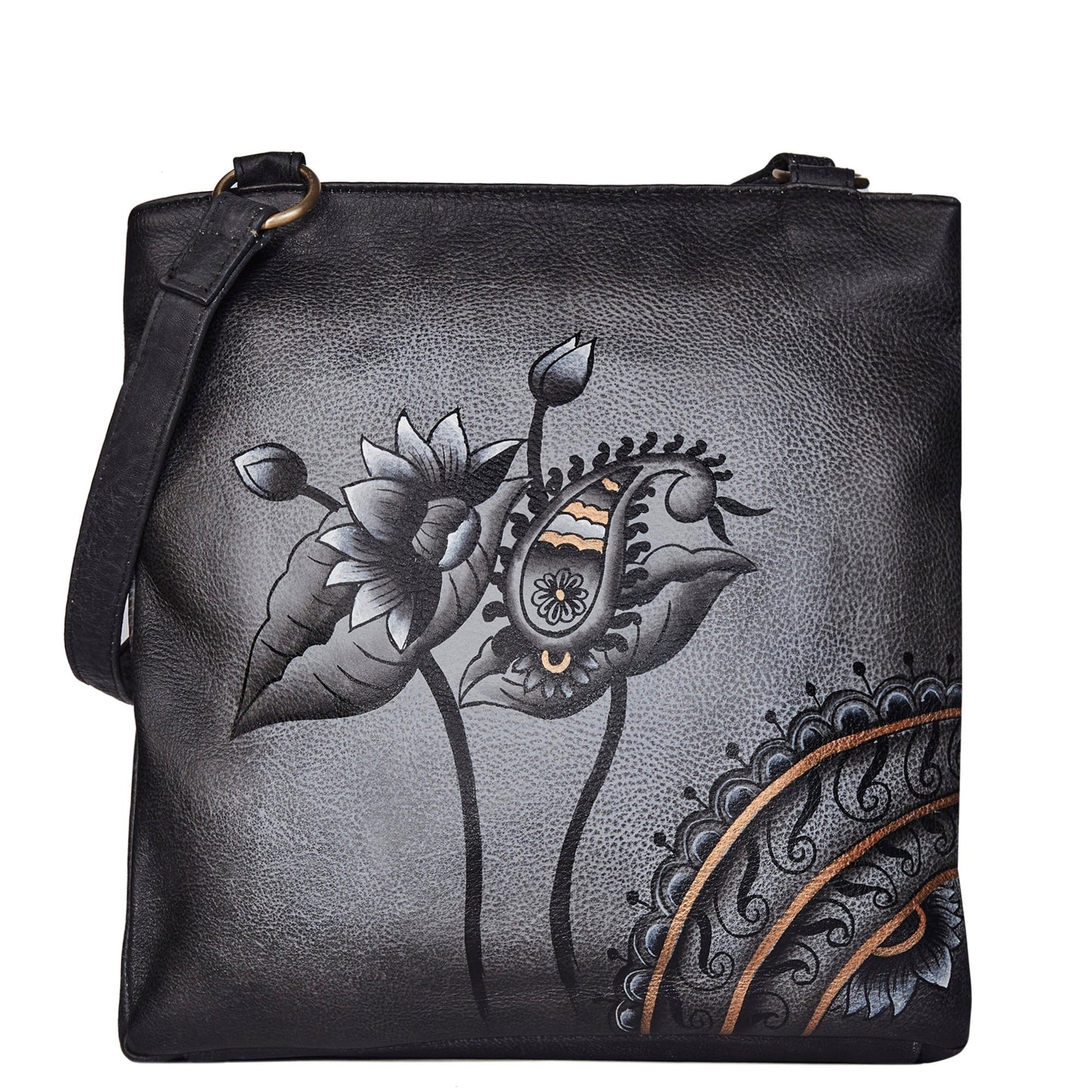 Women's Hand-Painted Leather Shoulder Bag - Paisley Artwork
