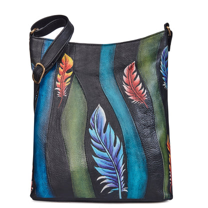 Hand-Painted Feather Artwork Crossbody Bag with Back Zip & Straps