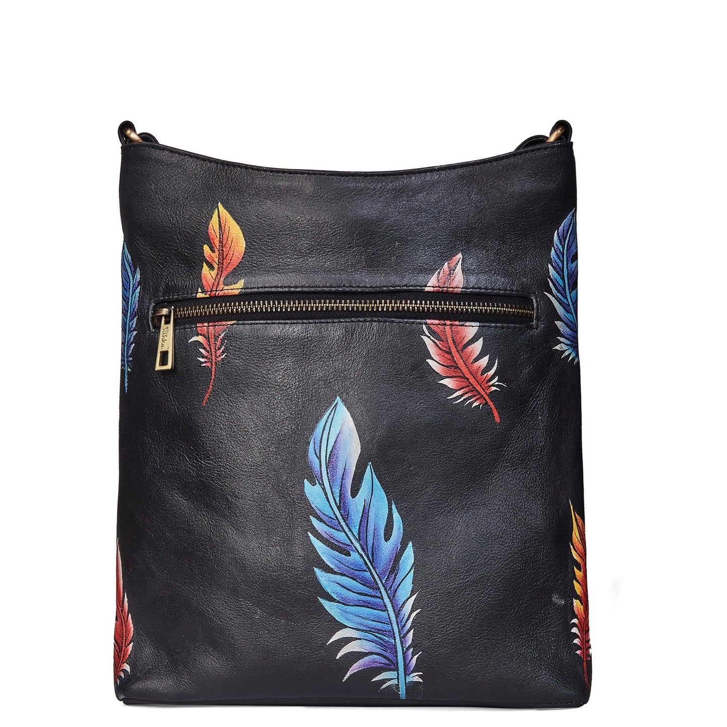 Hand-Painted Feather Artwork Crossbody Bag with Back Zip & Straps