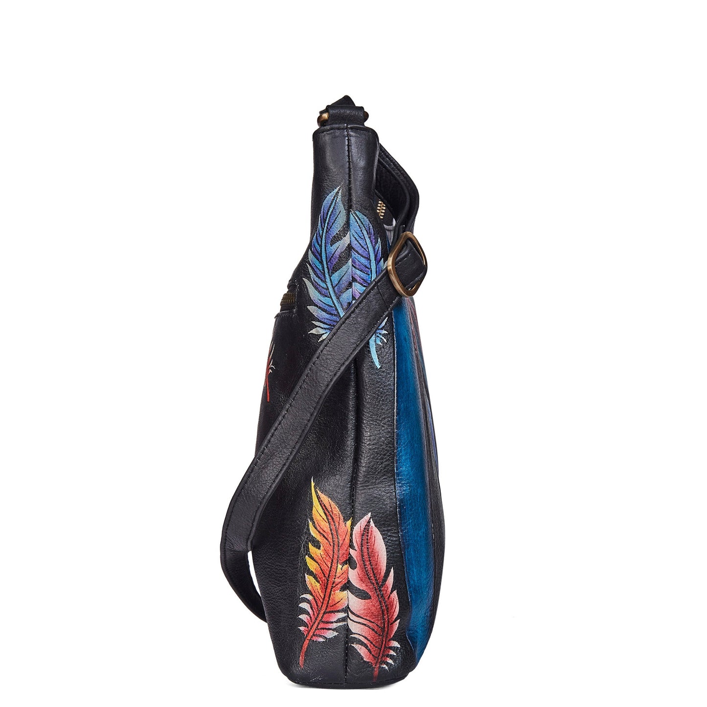 Hand-Painted Feather Artwork Crossbody Bag with Back Zip & Straps