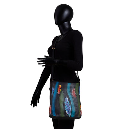 Hand-Painted Feather Artwork Crossbody Bag with Back Zip & Straps