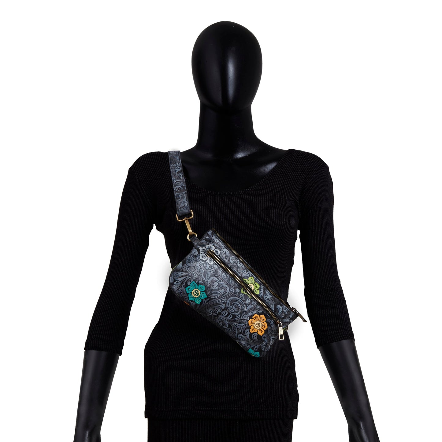 Floral Hand-Painted Embossed Fanny Pack in Black
