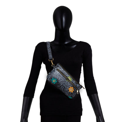 Floral Hand-Painted Embossed Fanny Pack in Black