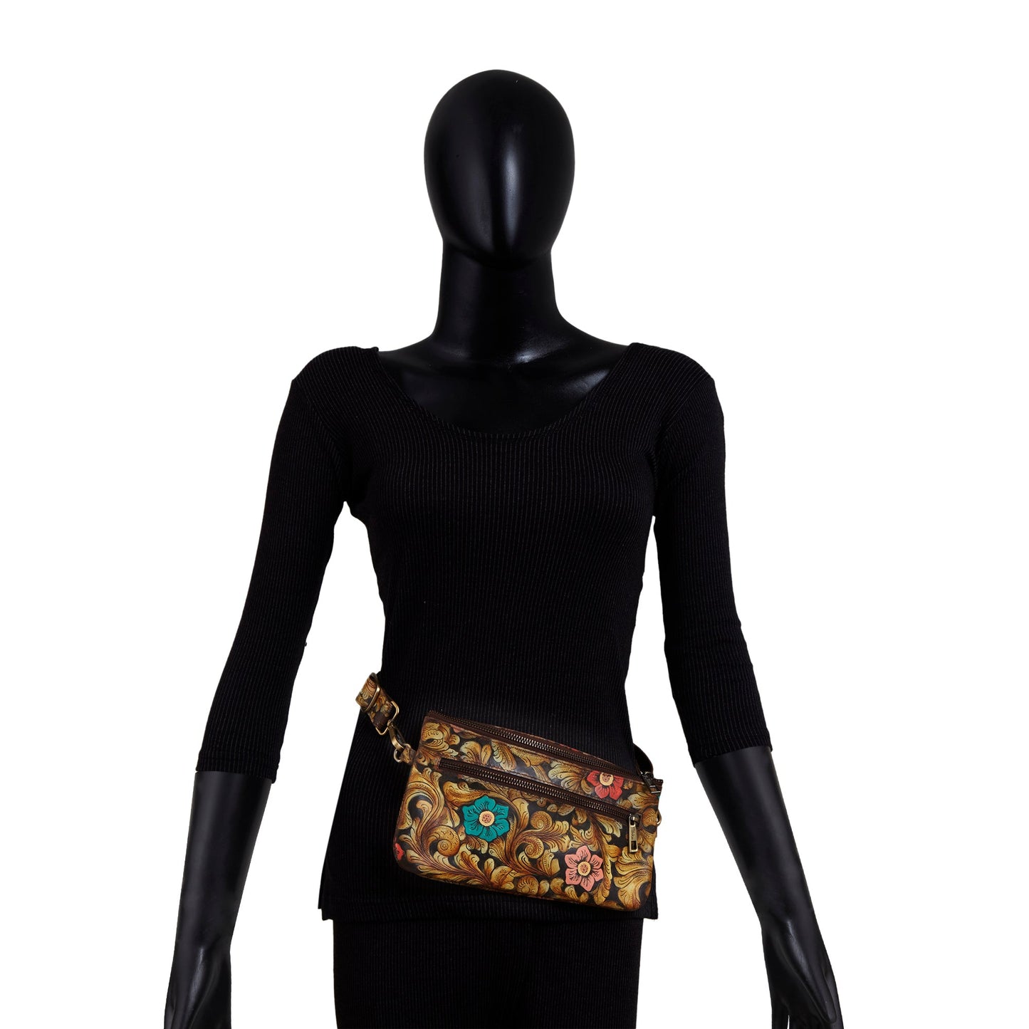 Brown Embossed Handpainted Floral Fanny Pack