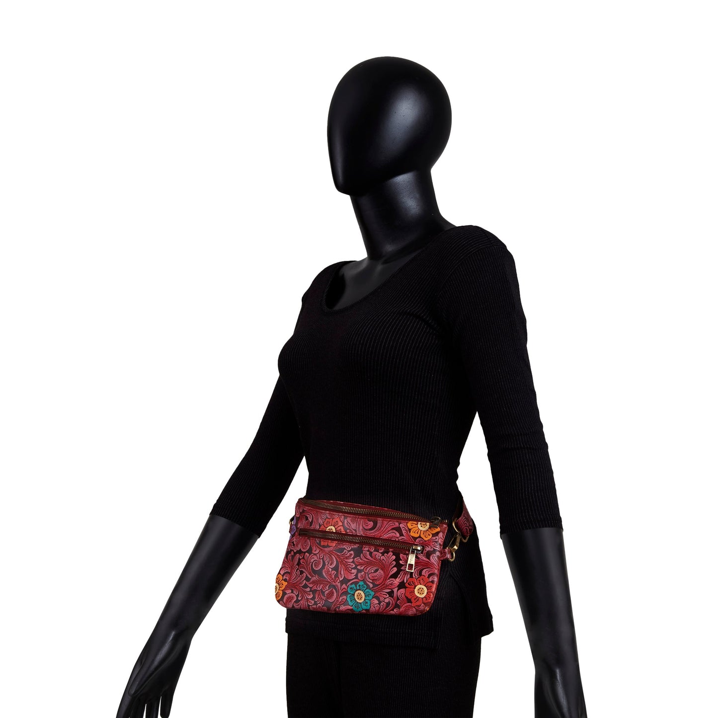 Red Floral Embossed Handpainted Fanny Pack