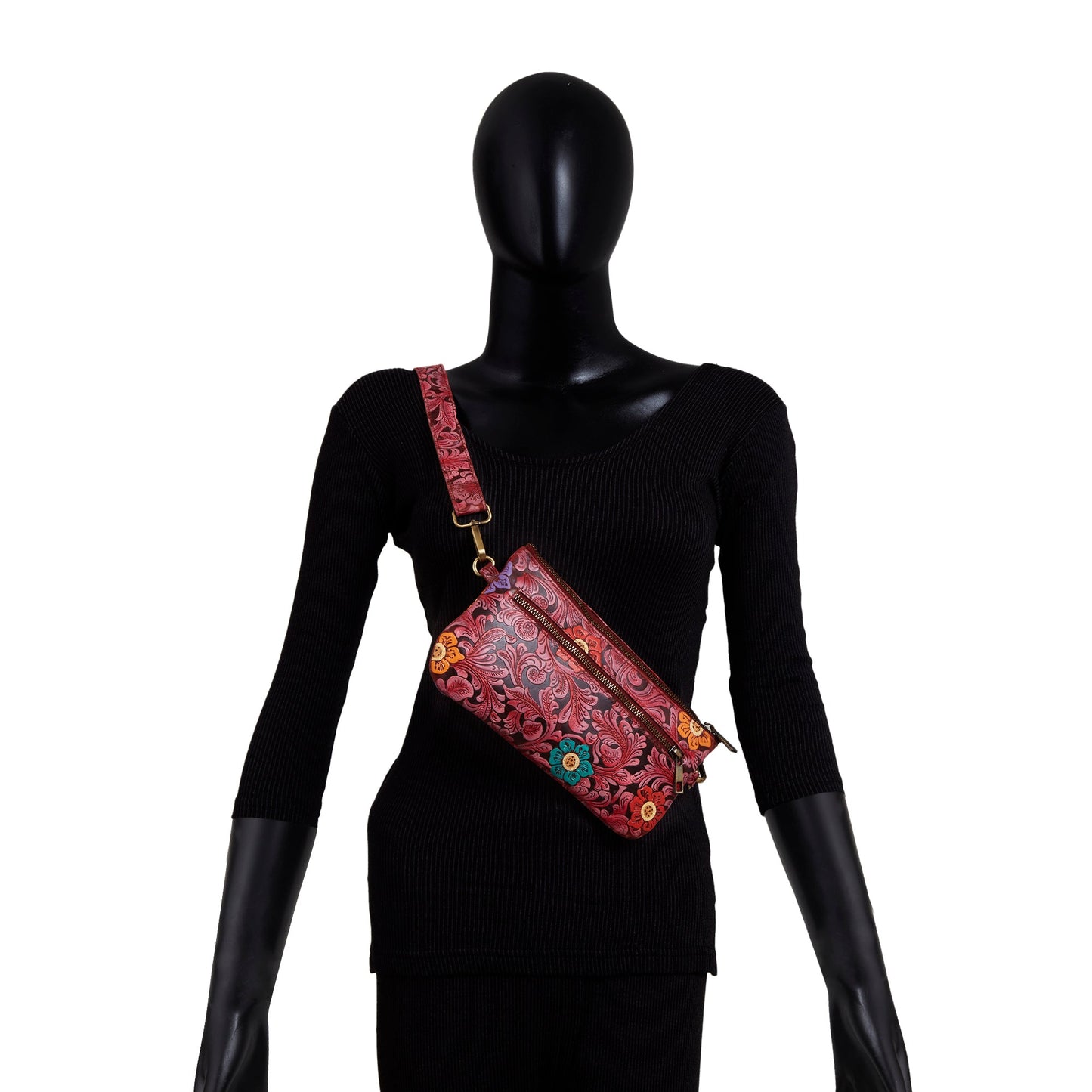 Red Floral Embossed Handpainted Fanny Pack
