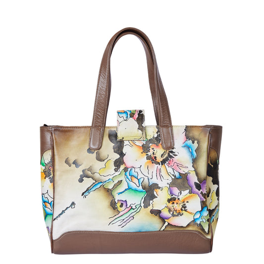 Brown and yellow leather tote bag, hand painted abstract design