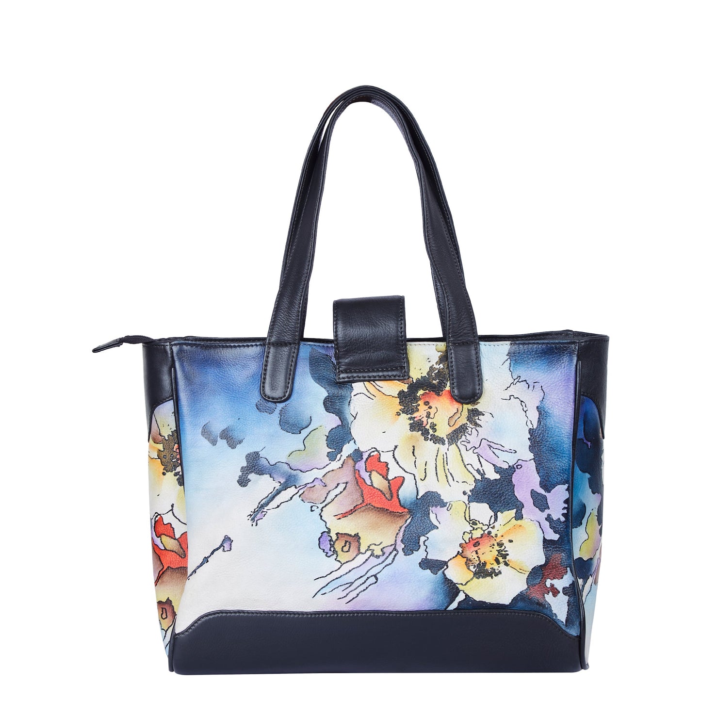 Abstract Blue & Black Leather Tote Bag with Hand Painted Design