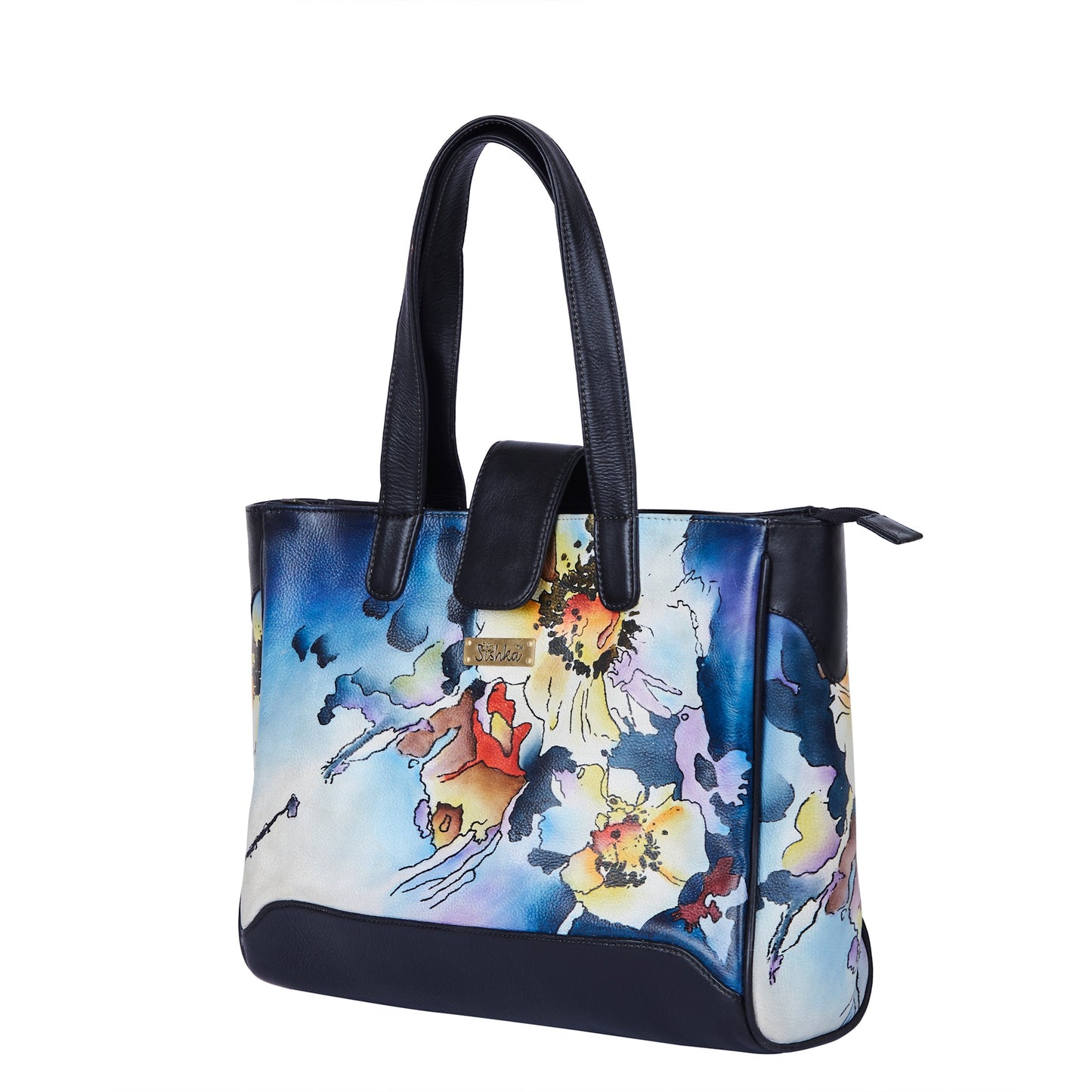 Abstract Blue & Black Leather Tote Bag with Hand Painted Design