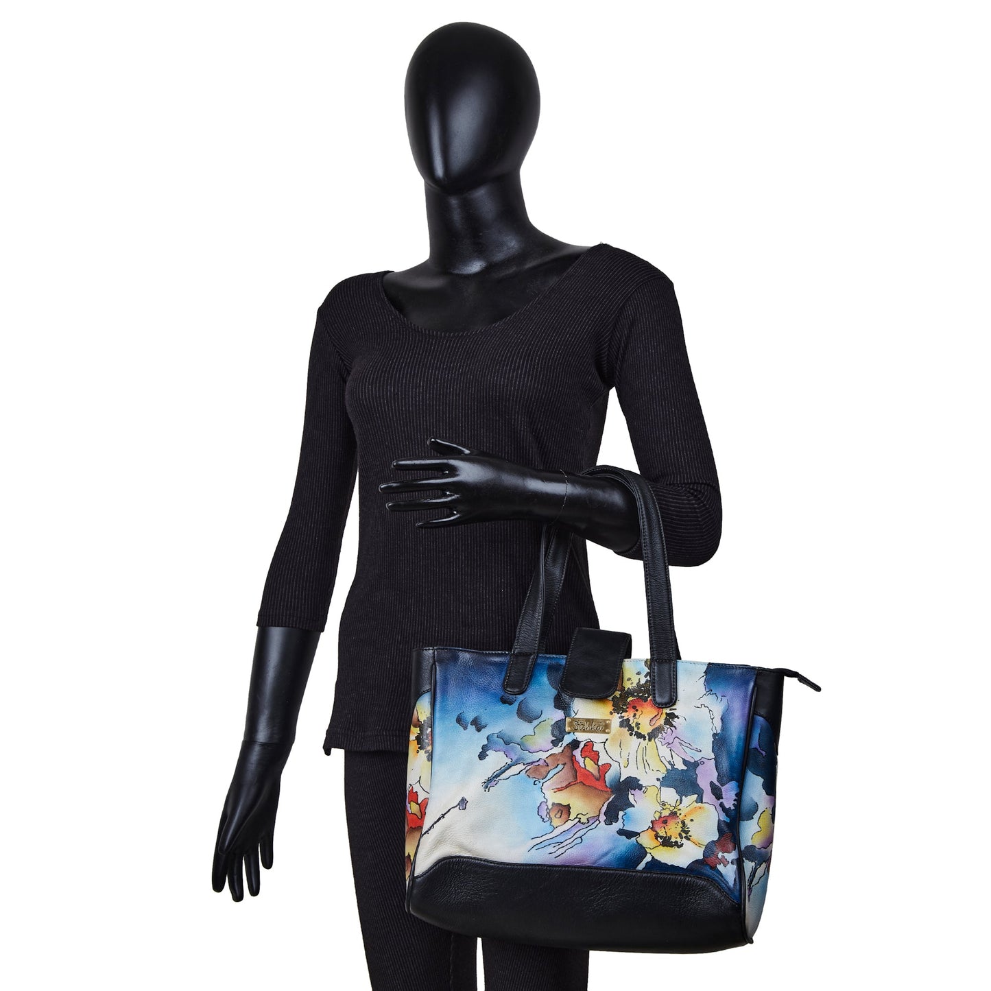 Abstract Blue & Black Leather Tote Bag with Hand Painted Design