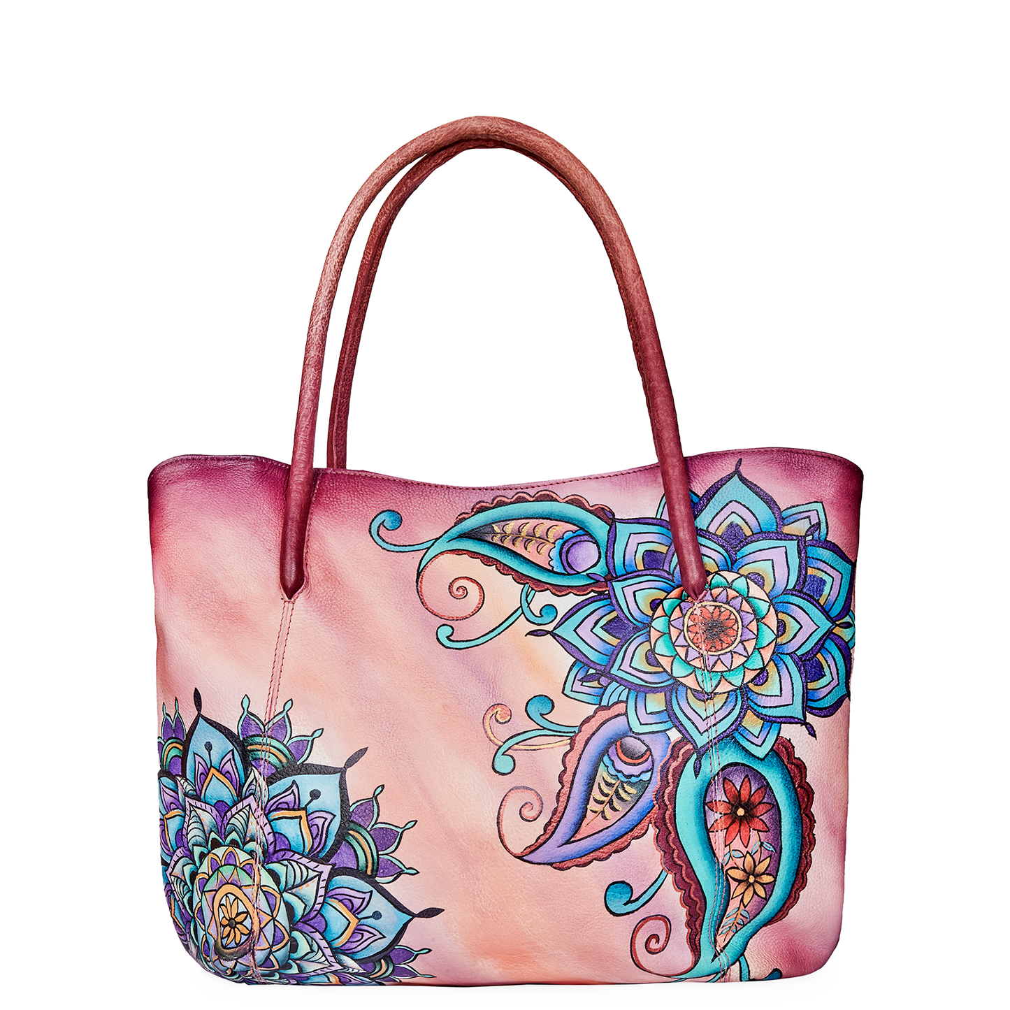 Hand-Painted Mandala Leather Tote Bag for Women - Perfect for Traveler