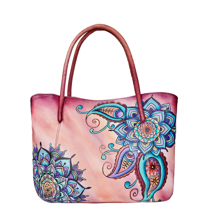 Hand-Painted Mandala Leather Tote Bag for Women - Perfect for Traveler