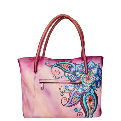 Hand-Painted Mandala Leather Tote Bag for Women - Perfect for Traveler