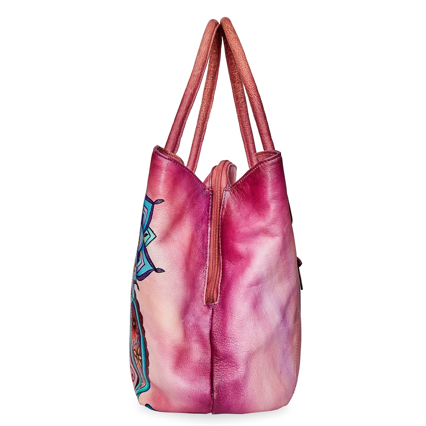 Hand-Painted Mandala Leather Tote Bag for Women - Perfect for Traveler