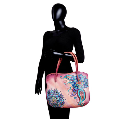 Hand-Painted Mandala Leather Tote Bag for Women - Perfect for Traveler